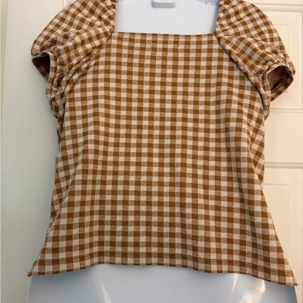 Madewell plaid Brown Checkered Women's Top puff sleeve short sleeve blouse - Picture 4 of 6